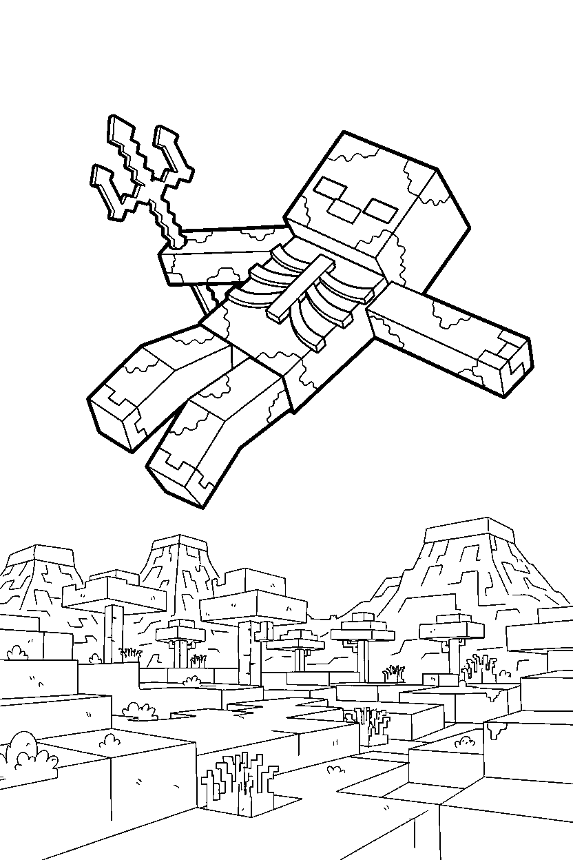 minecraft drowned flying calmly in a savanna line art