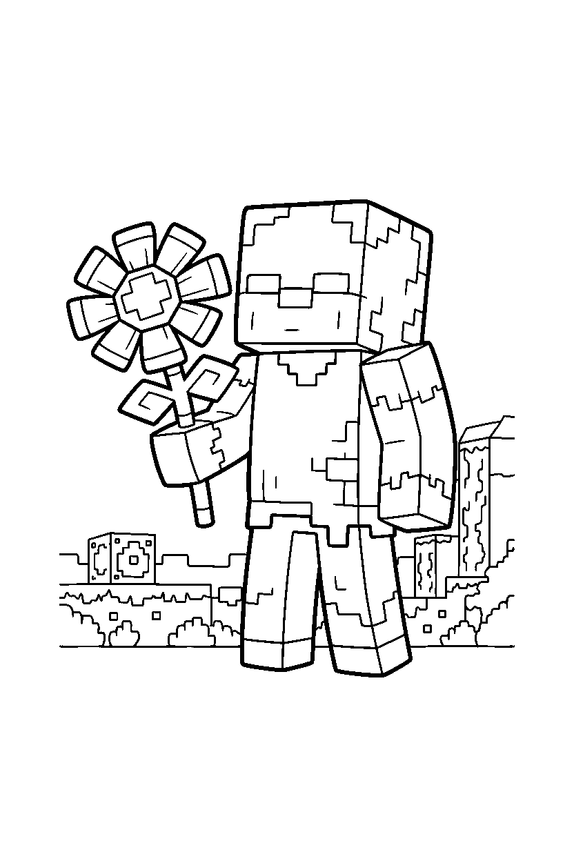 minecraft drowned holding a flower in the nether line art