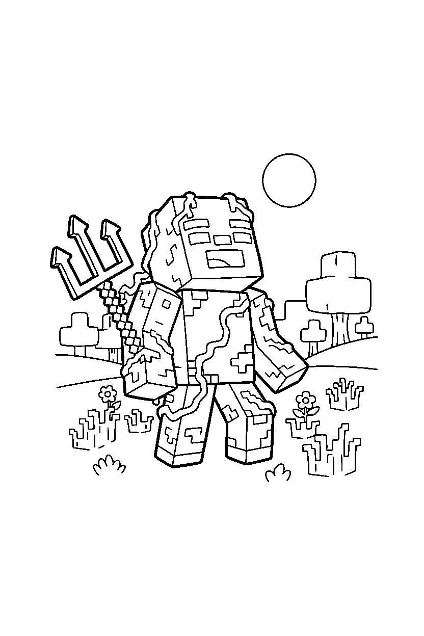 minecraft drowned howling playfully in a meadow line art