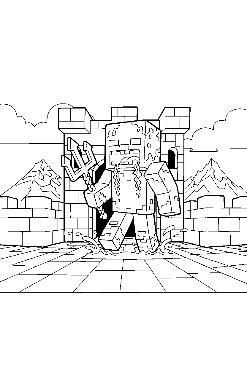 minecraft drowned roaring playfully in a castle base line art
