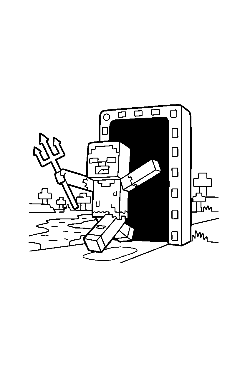 minecraft drowned running happily near a nether portal line art