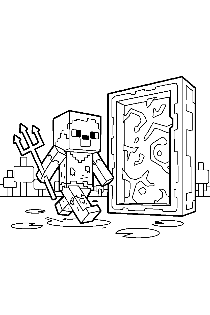 minecraft drowned walking happily near a portal line art
