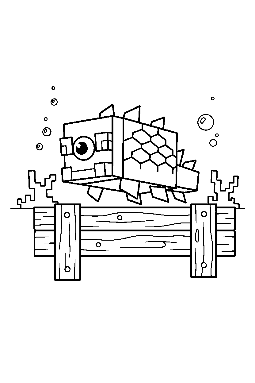 minecraft elder guardian balancing on wooden platform line art