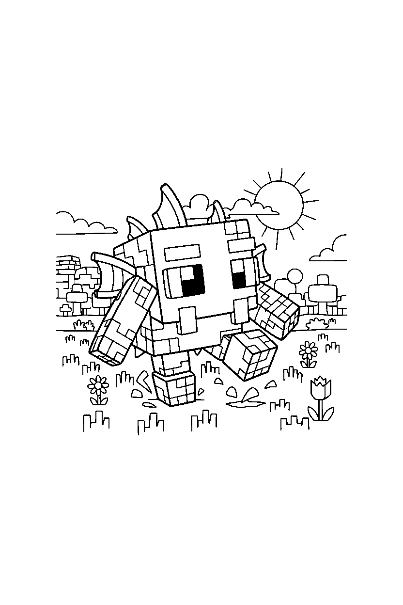 minecraft elder guardian stomping playfully in a meadow line art