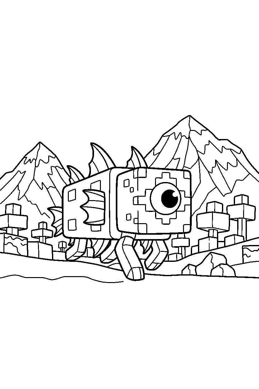 minecraft elder guardian wandering curiously in mountains line art