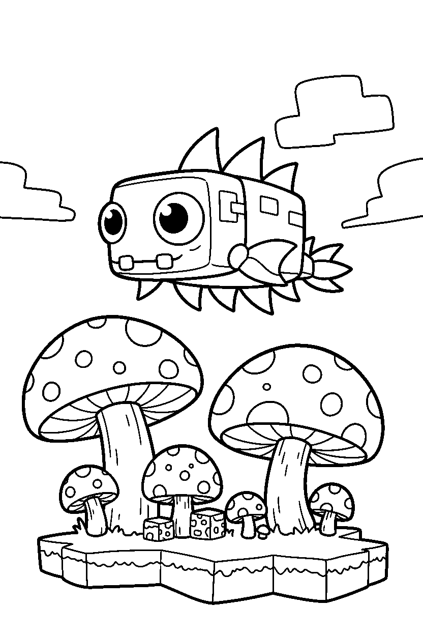 minecraft elder guardian wandering curiously on a mushroom island line art