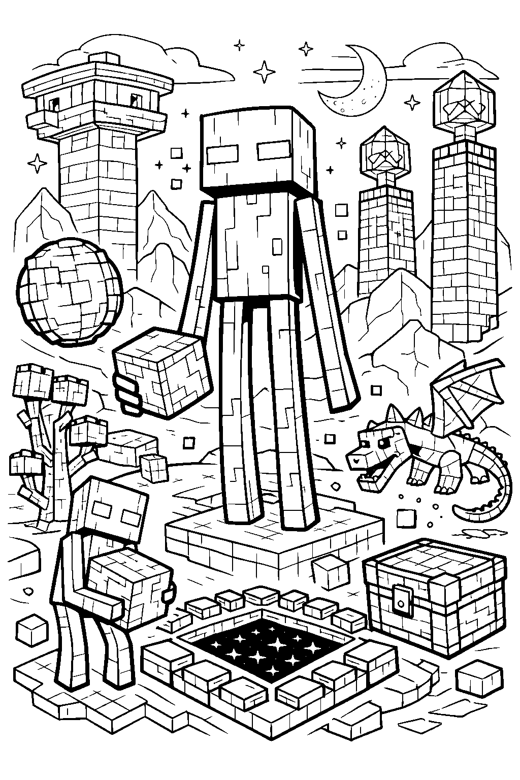 minecraft end portal ender dragon battle line art