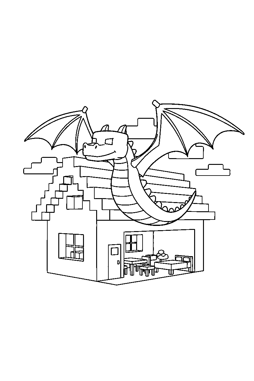 minecraft ender dragon floating calmly inside a house line art