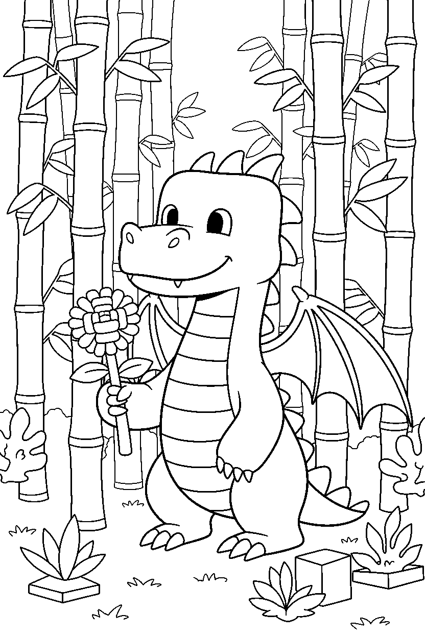 minecraft ender dragon holding a flower in a bamboo jungle line art