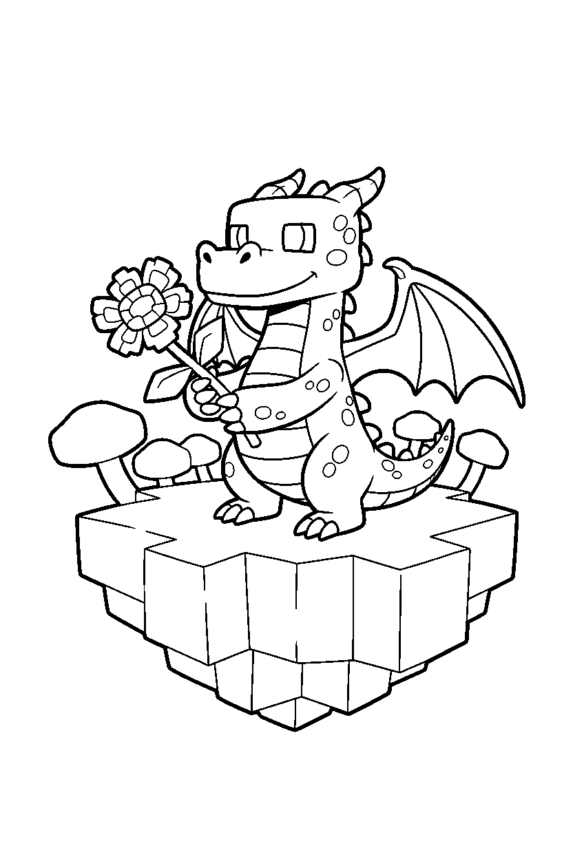 minecraft ender dragon holding a flower on an end island line art