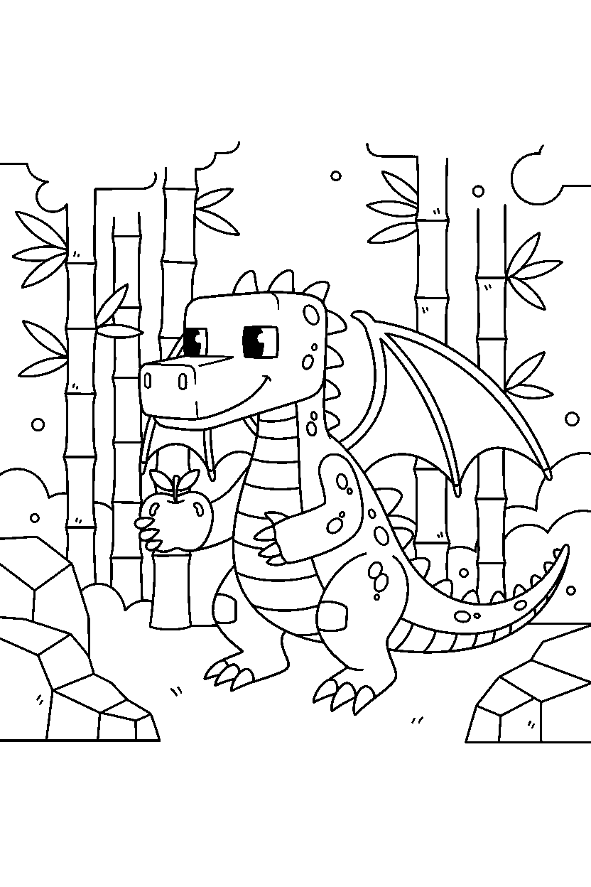 minecraft ender dragon holding an apple in a bamboo jungle line art