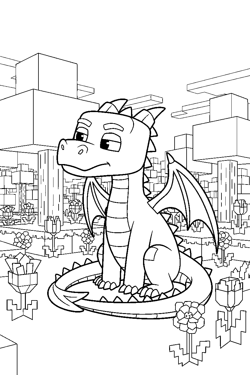 minecraft ender dragon listening carefully in a flower forest line art