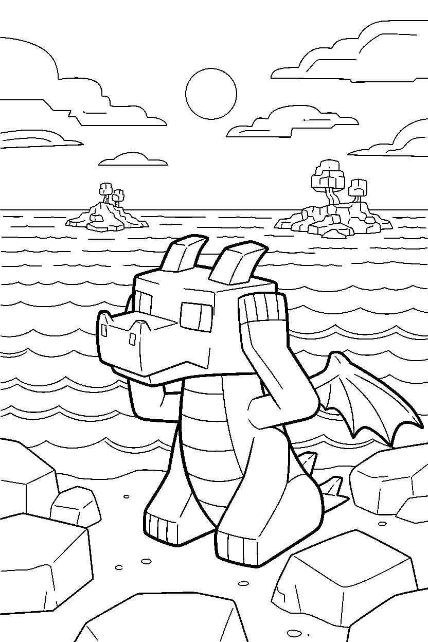 minecraft ender dragon listening carefully on an ocean shore line art
