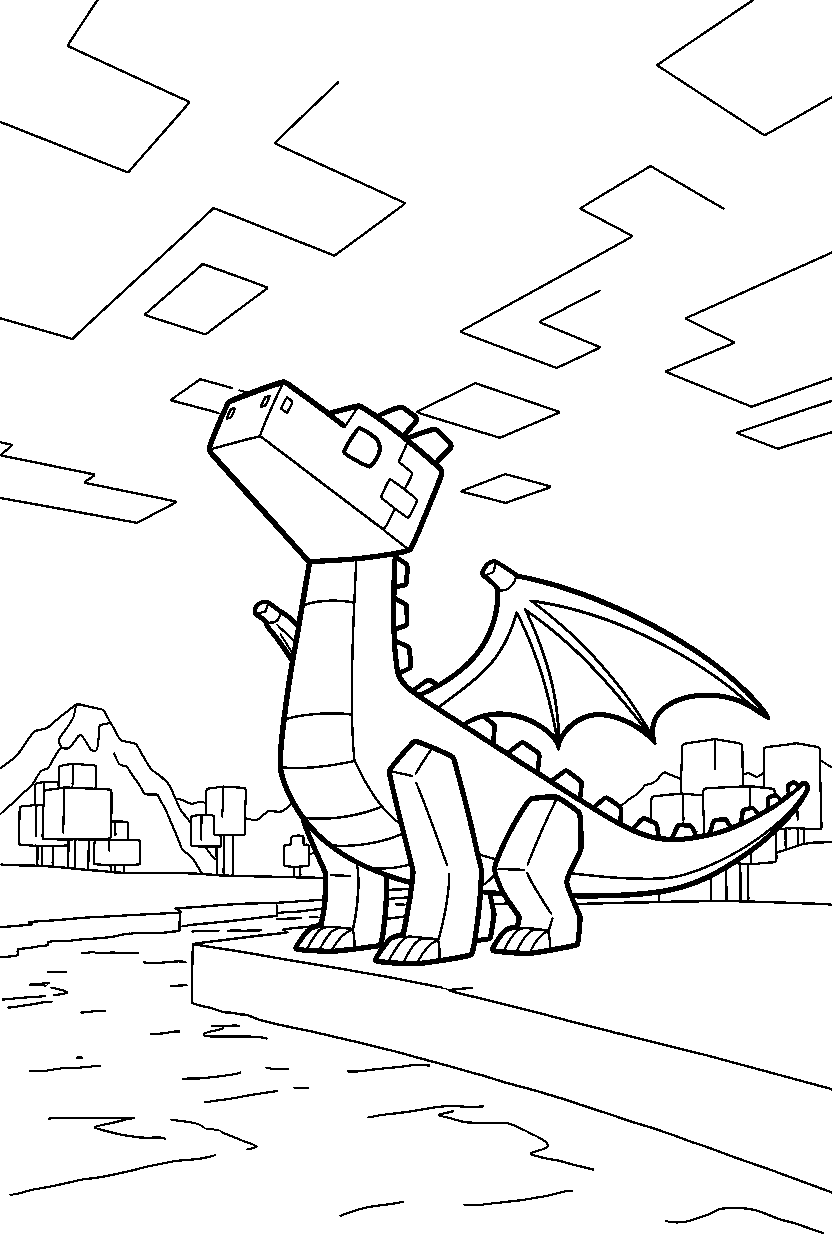 minecraft ender dragon looking at the sky near a river line art