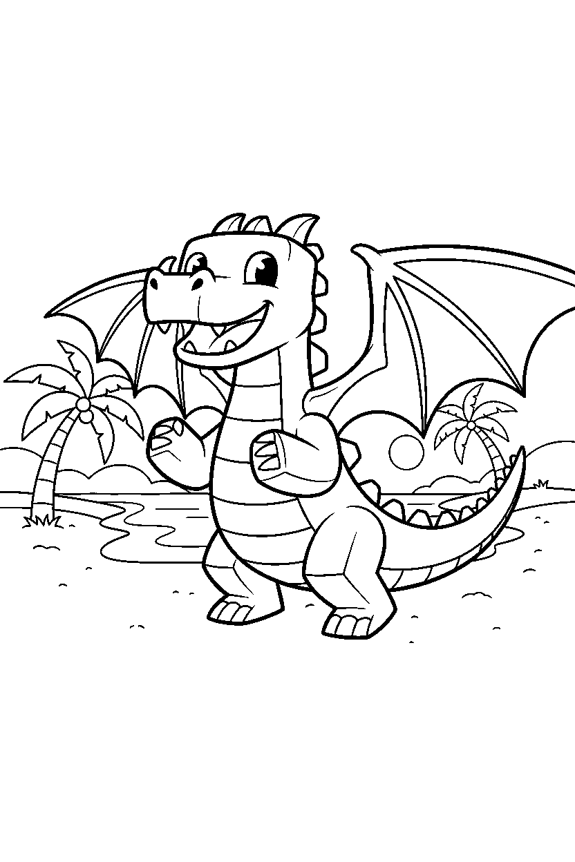 minecraft ender dragon posing happily on a beach line art