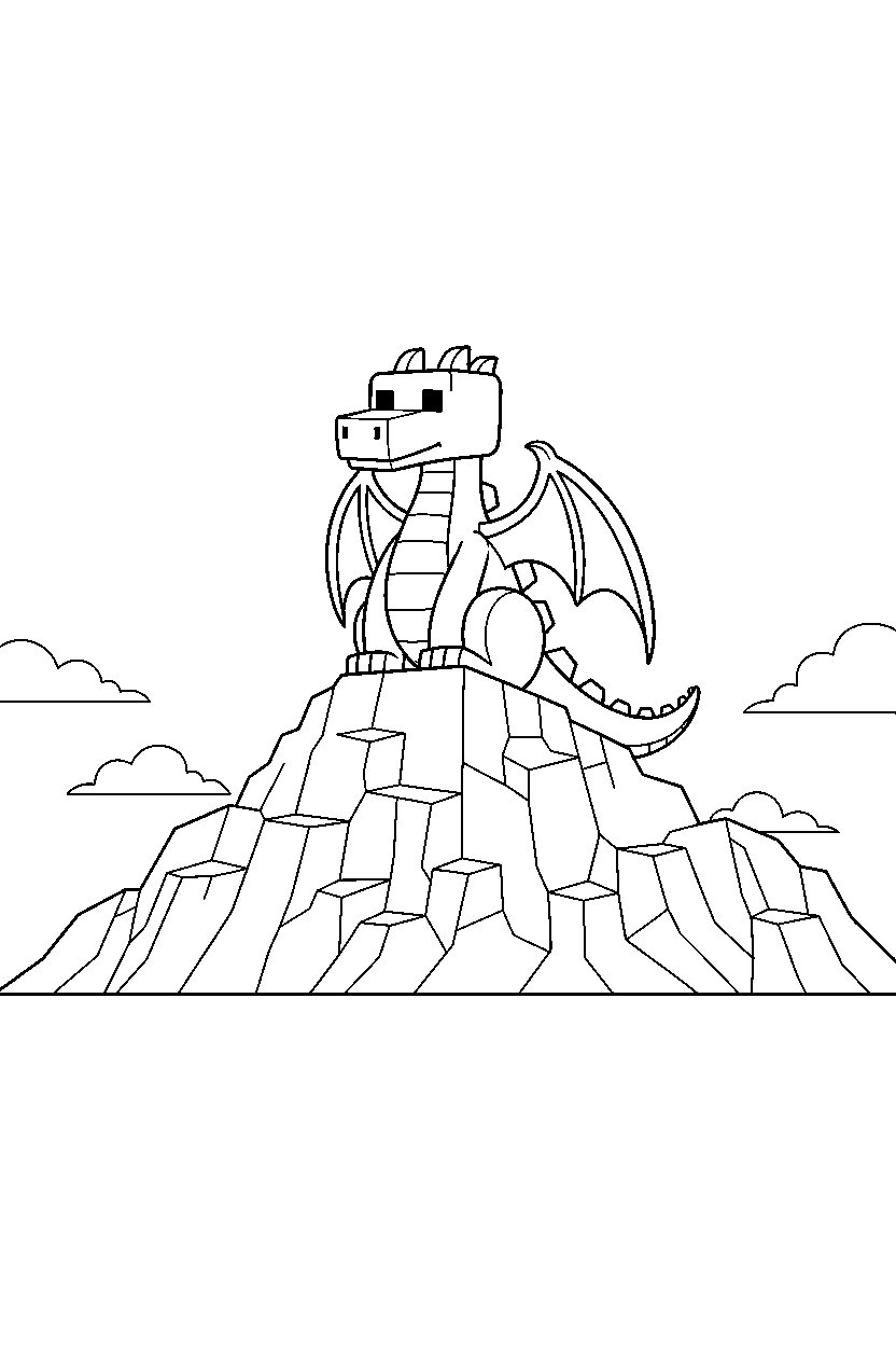 minecraft ender dragon sitting calmly in mountains line art