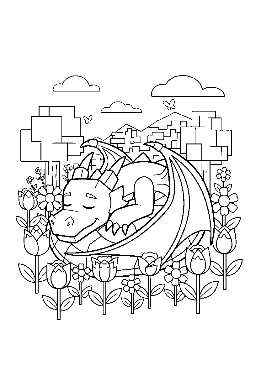 minecraft ender dragon sleeping peacefully in a flower forest line art