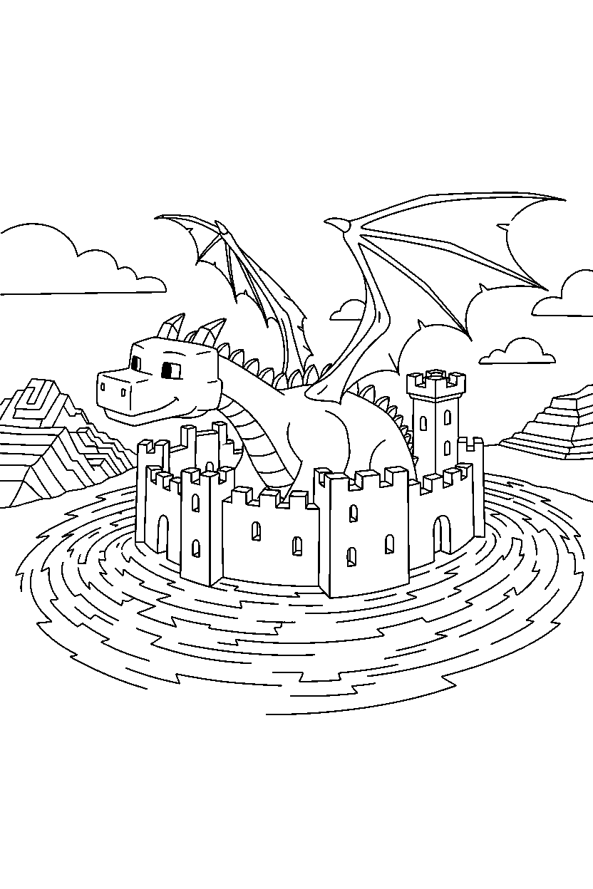 minecraft ender dragon swimming calmly in a castle base line art