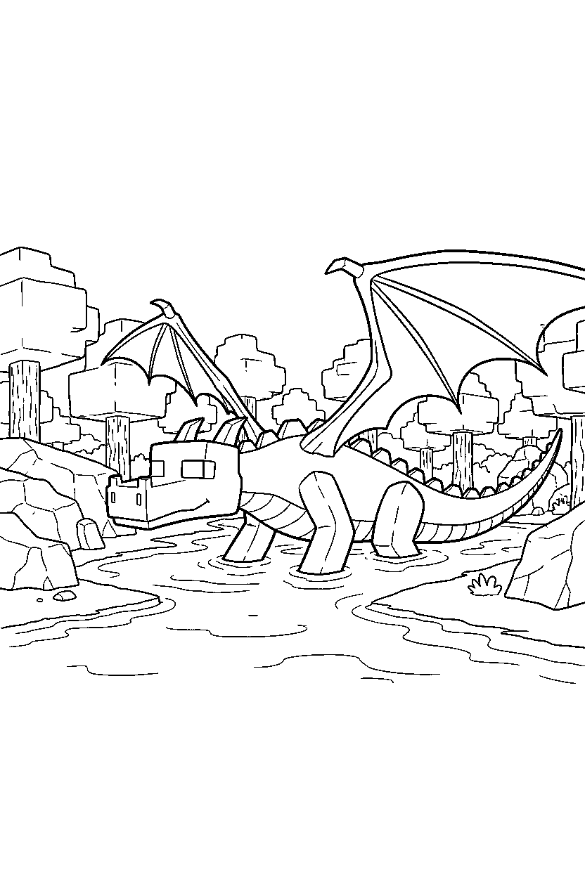minecraft ender dragon swimming calmly in a dark forest line art