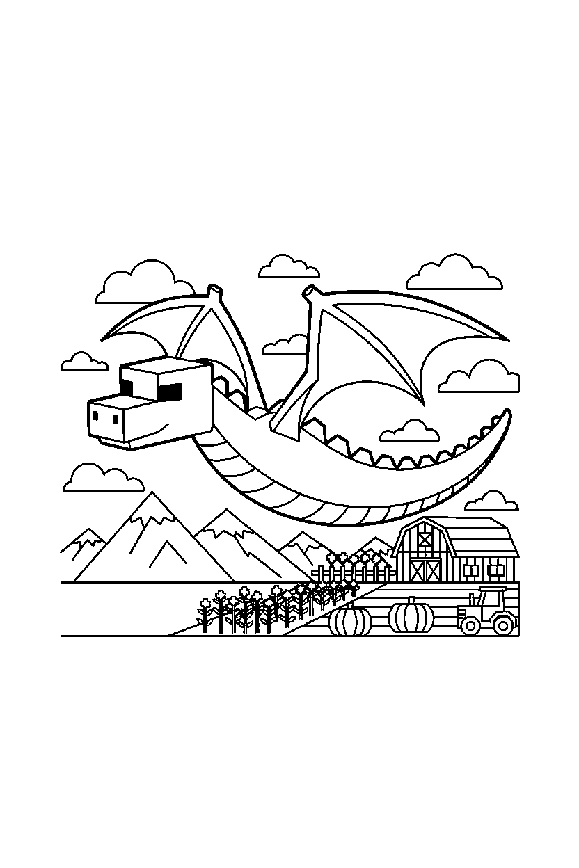 minecraft ender dragon swimming calmly near a farm field line art
