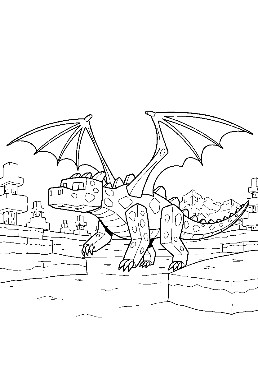 minecraft ender dragon wandering curiously in snowy tundra line art