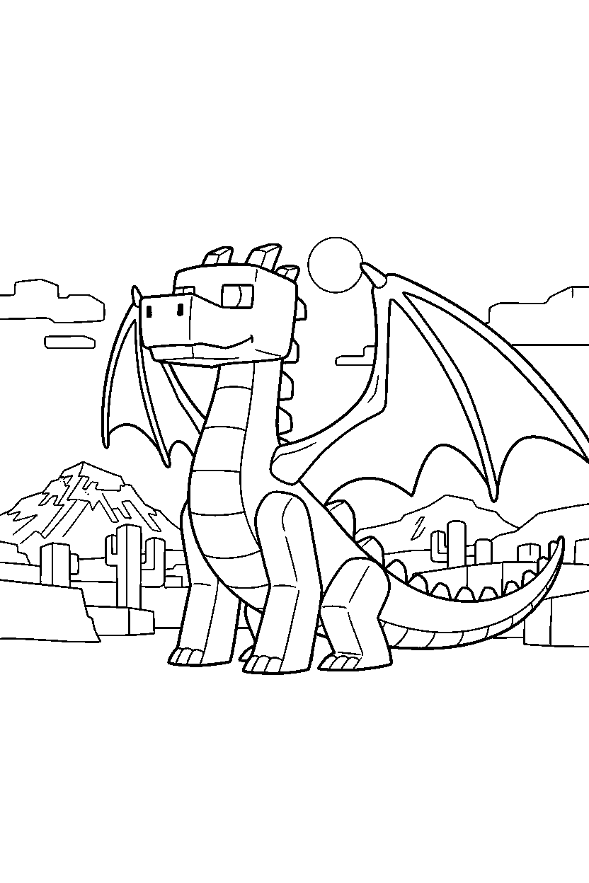 minecraft ender dragon watching calmly in a desert line art