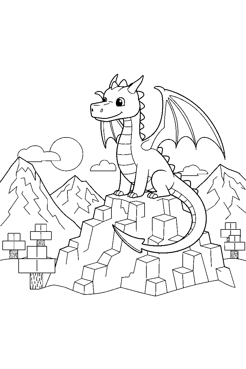 minecraft ender dragon watching calmly in mountains line art