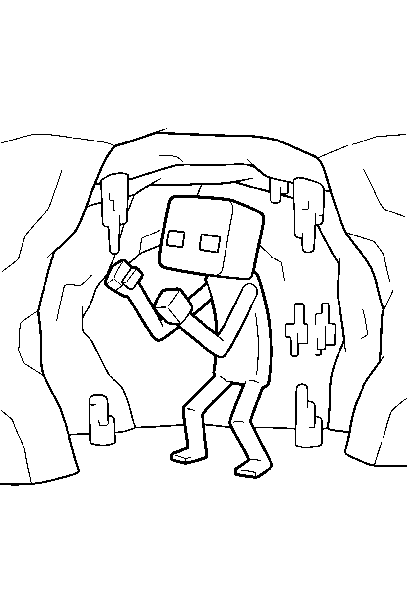minecraft enderman exploring curiously in a cave line art