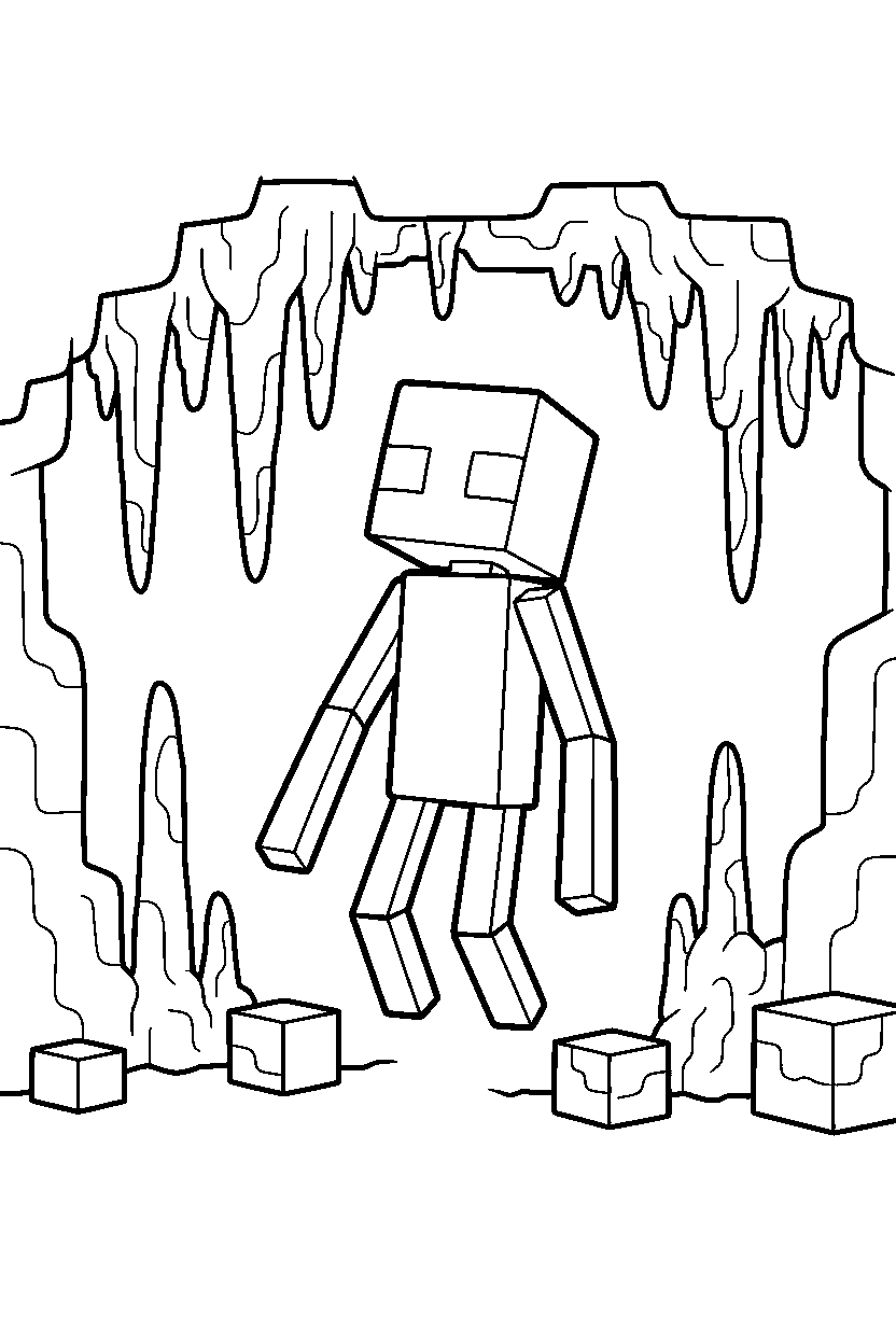 minecraft enderman floating calmly in a dripstone cave line art