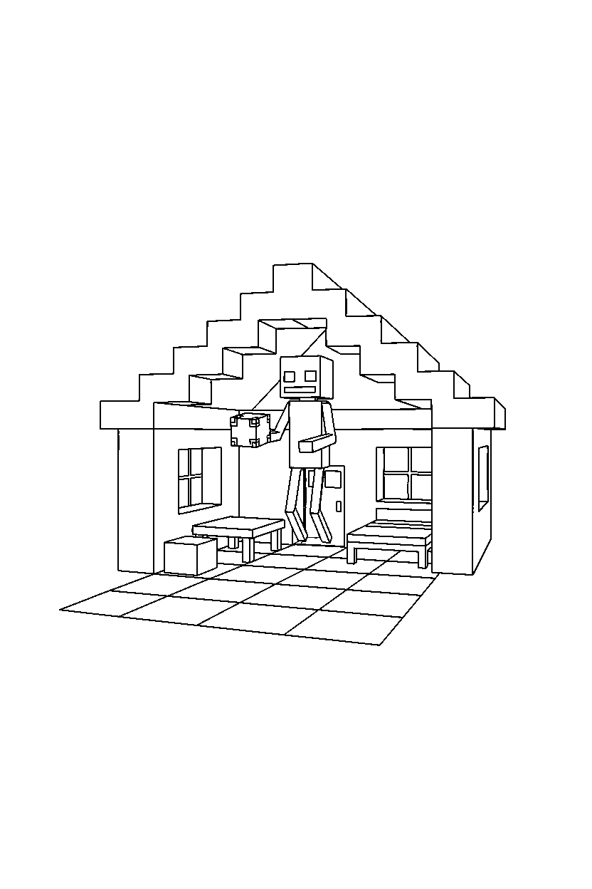 minecraft enderman floating calmly inside a house line art