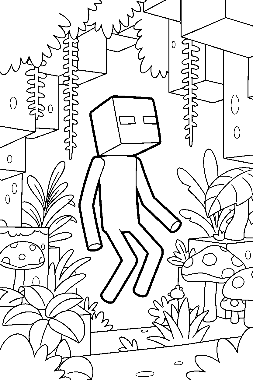 minecraft enderman flying calmly in a lush cave line art