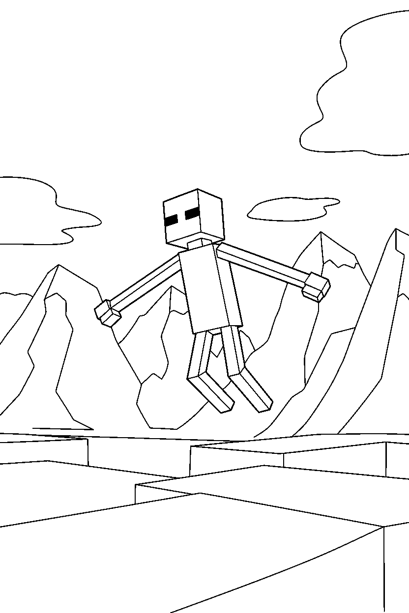 minecraft enderman gliding calmly in mountains line art