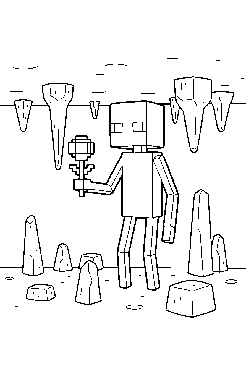minecraft enderman holding a flower in a dripstone cave line art