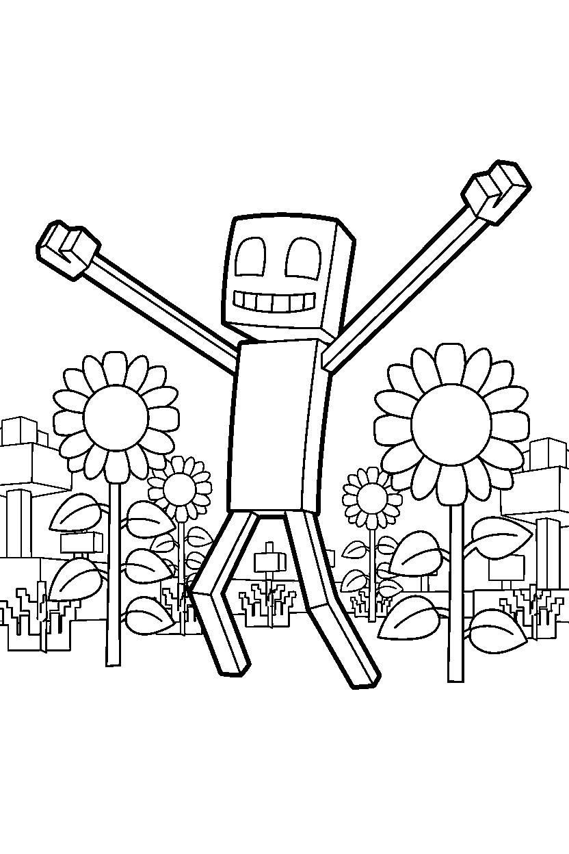 minecraft enderman posing happily in sunflower plains line art