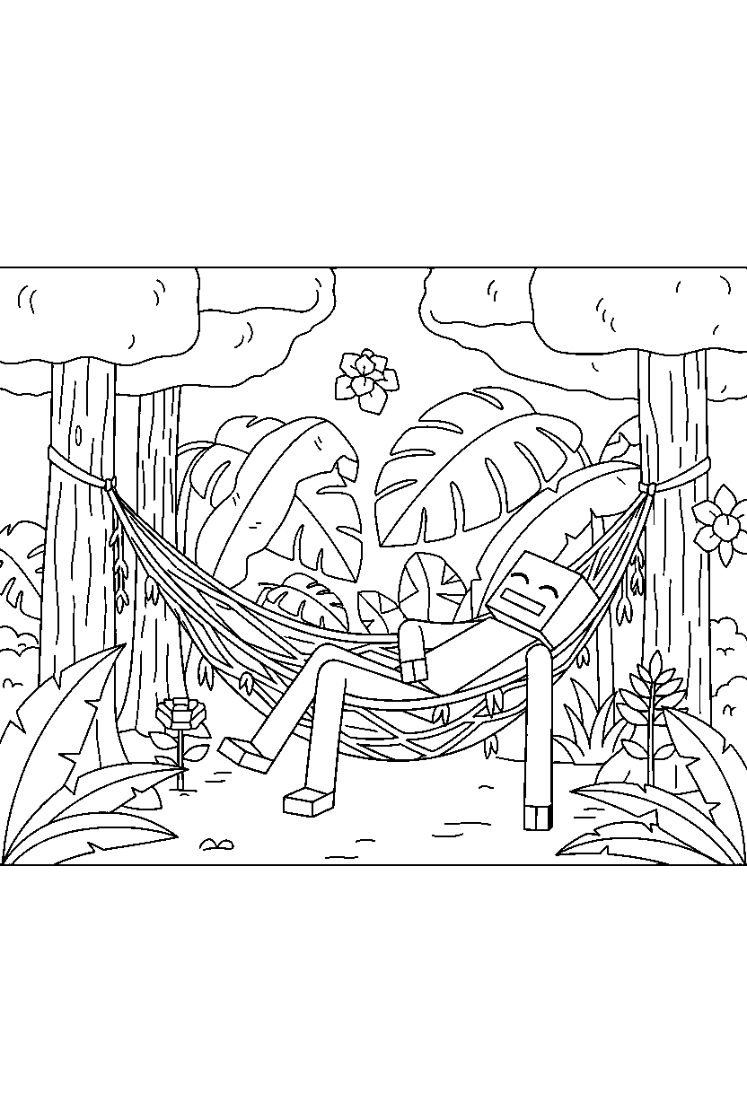 minecraft enderman relaxing peacefully in a jungle line art