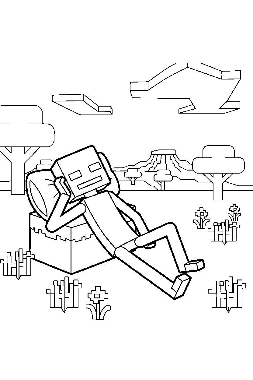 minecraft enderman relaxing peacefully in a savanna line art