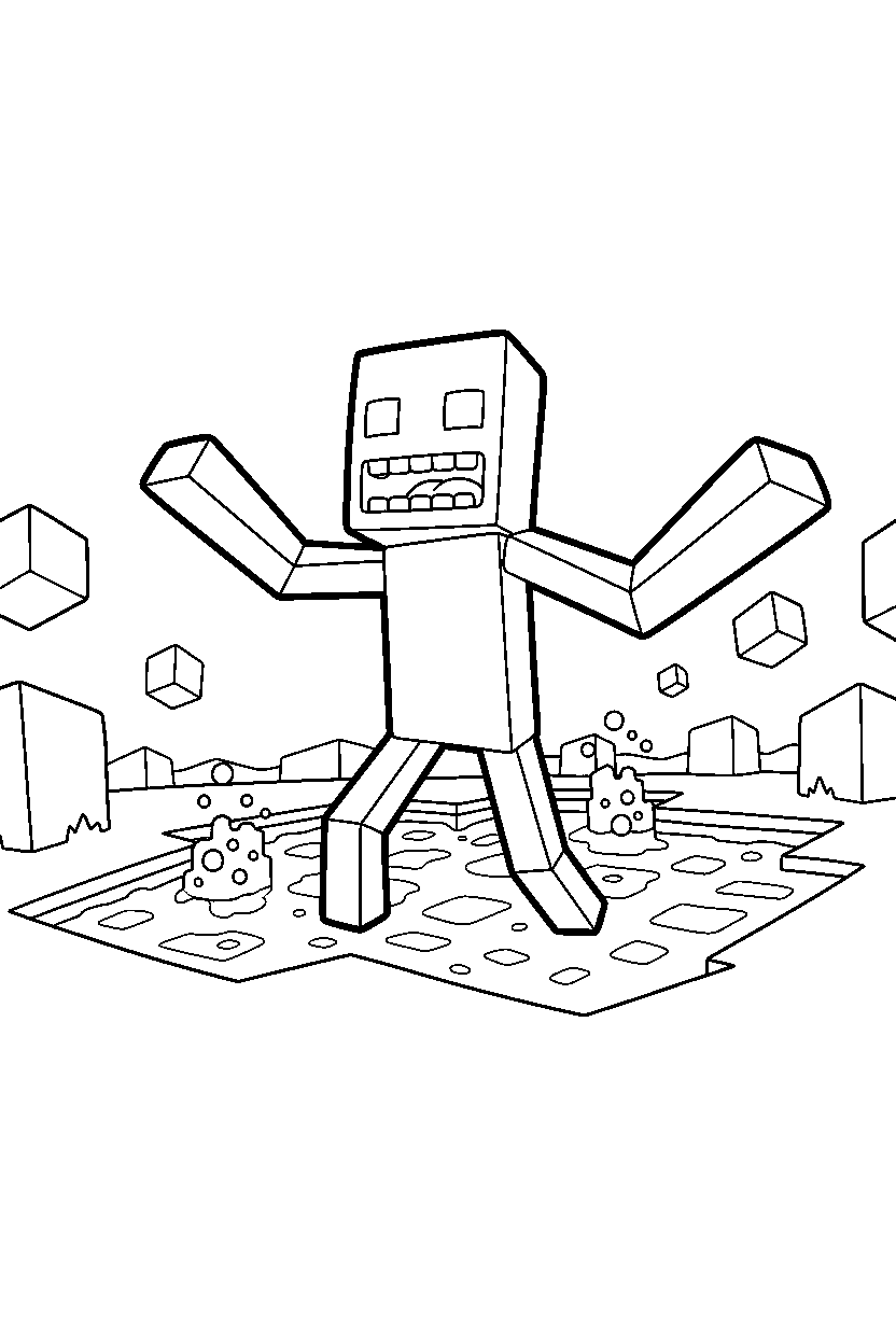 minecraft enderman roaring playfully near a lava lake line art