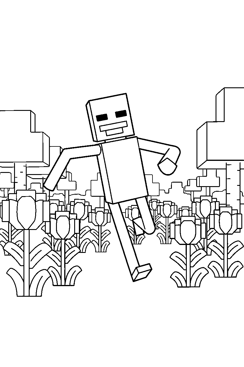 minecraft enderman running happily in a flower forest line art