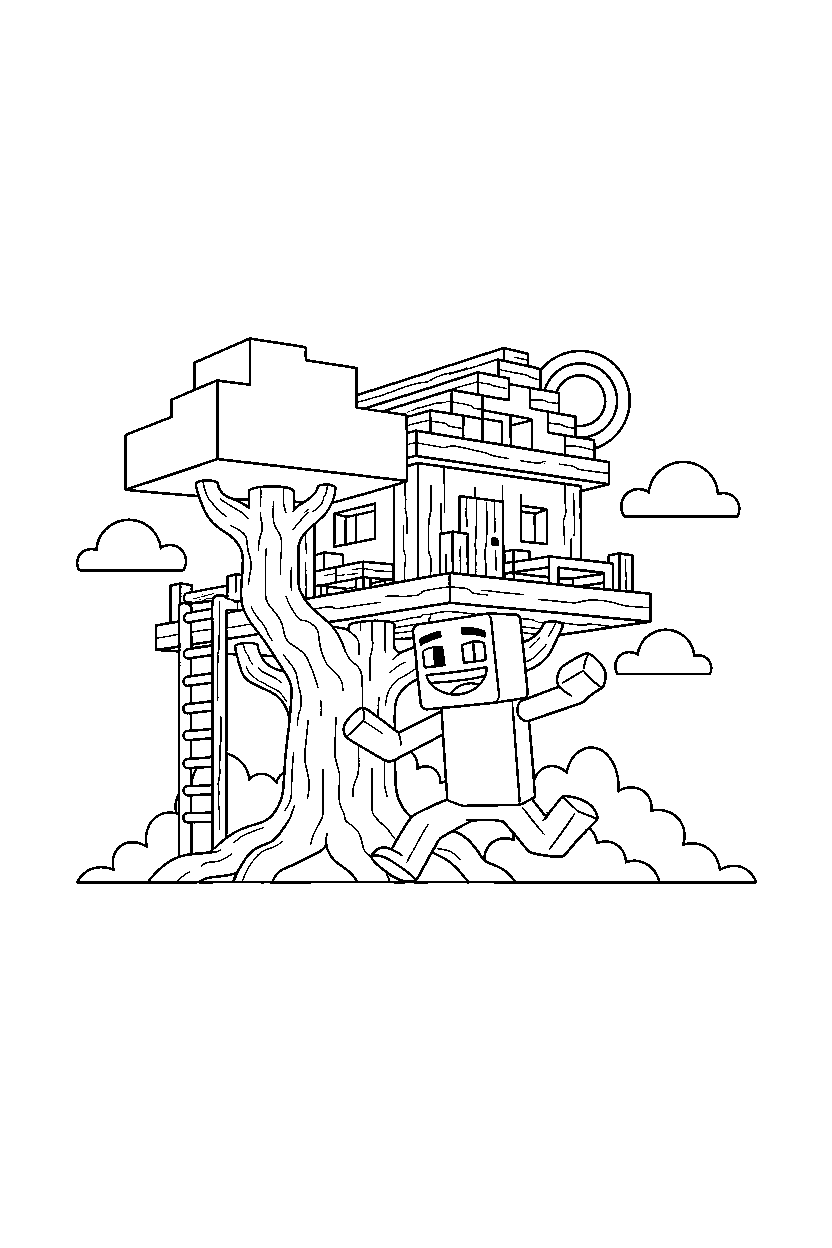 minecraft enderman running happily in a treehouse base line art