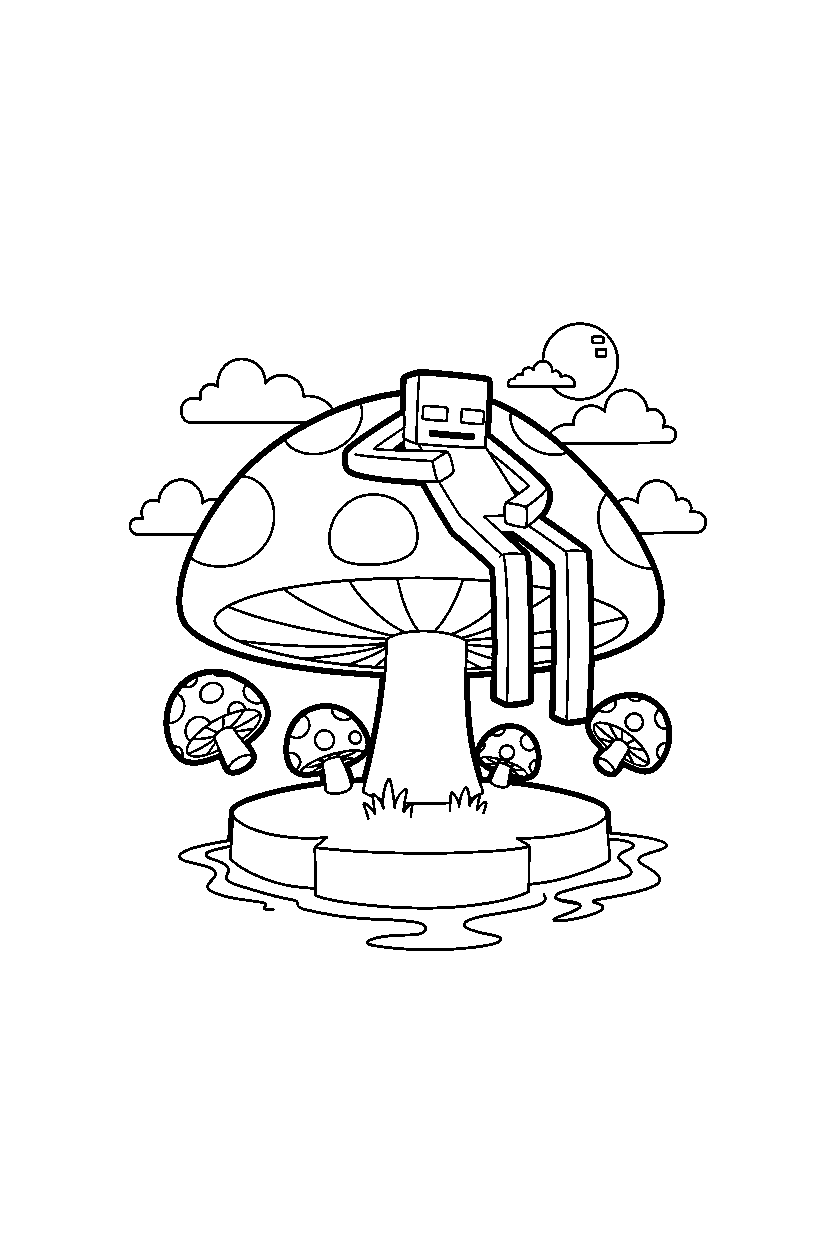 minecraft enderman sleeping peacefully on a mushroom island line art