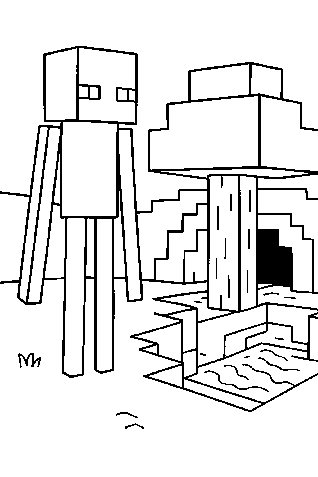 minecraft enderman standing near a tree near a lava cave line art