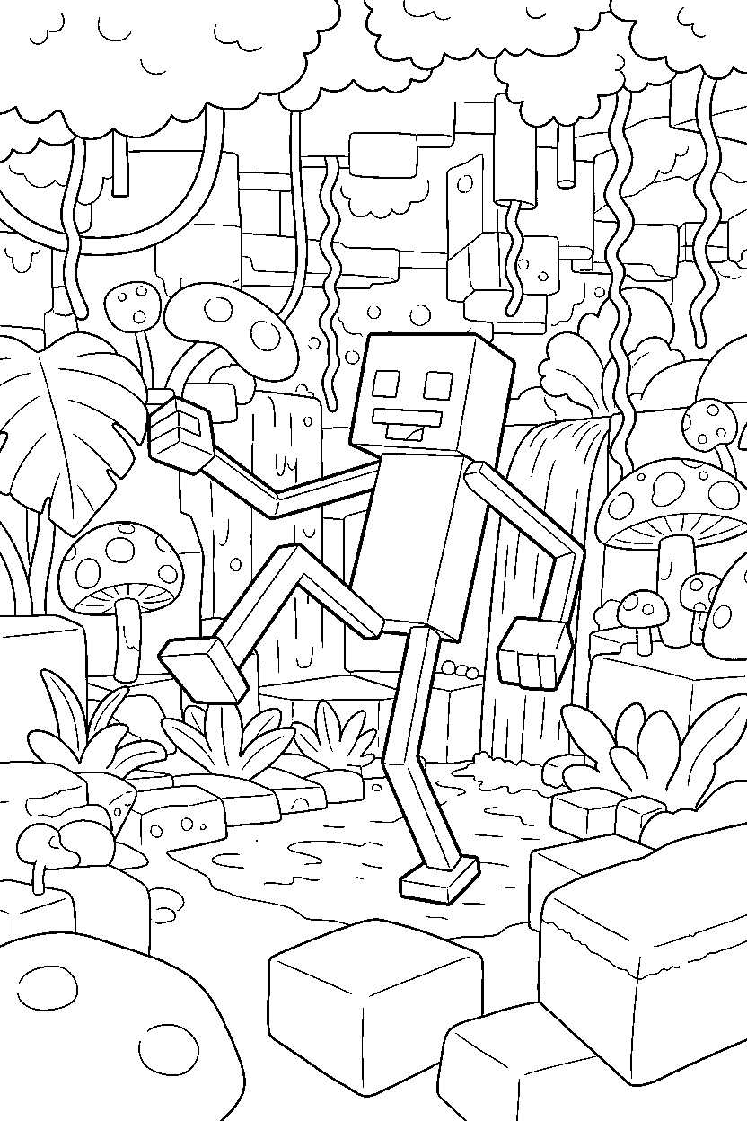 minecraft enderman stomping playfully in a lush cave line art