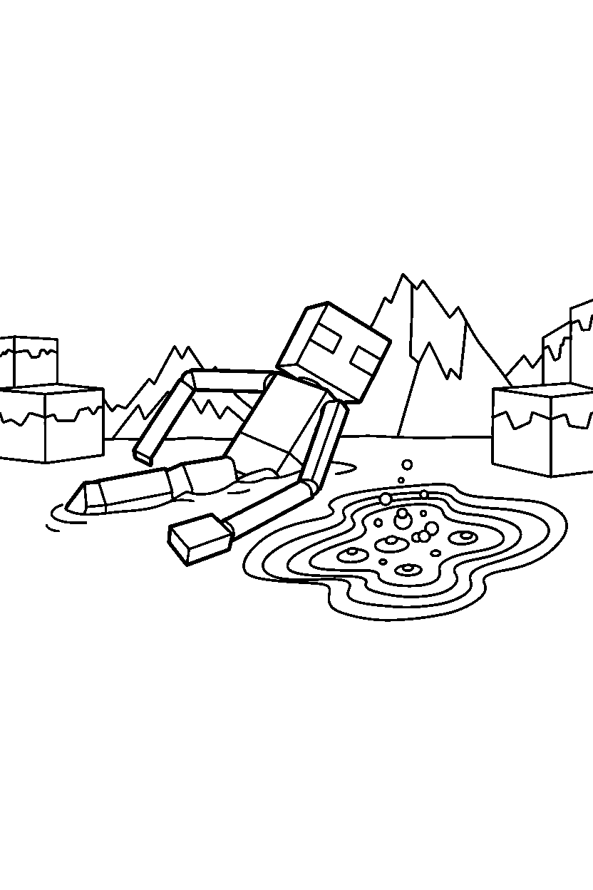 minecraft enderman swimming calmly near a lava lake line art