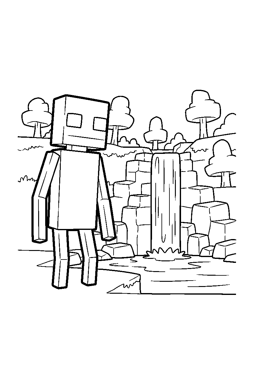 minecraft enderman watching by waterfall line art