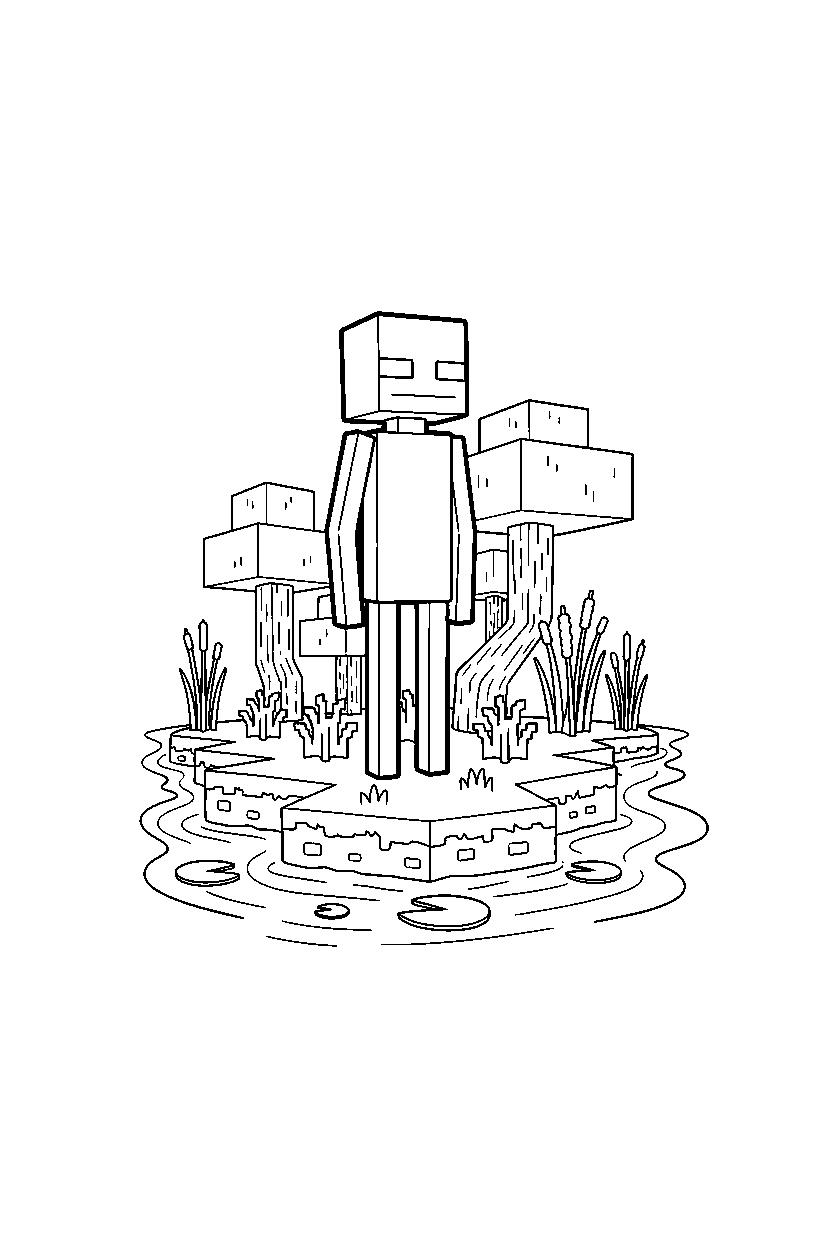 minecraft enderman watching calmly in a swamp line art