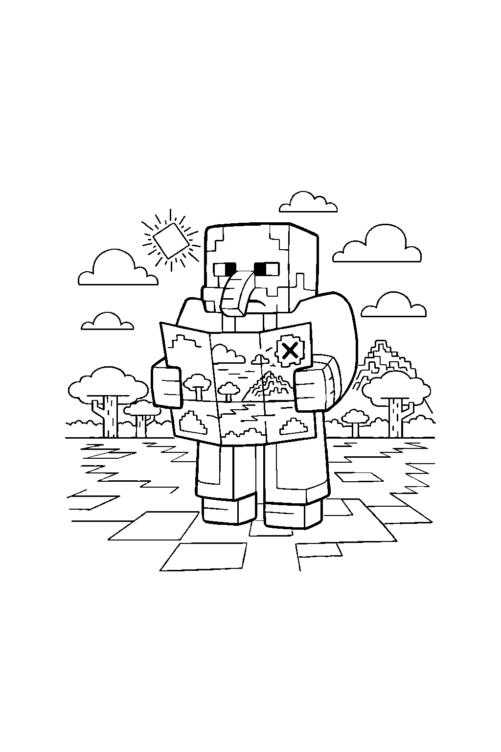 minecraft evoker holding a map in a savanna line art