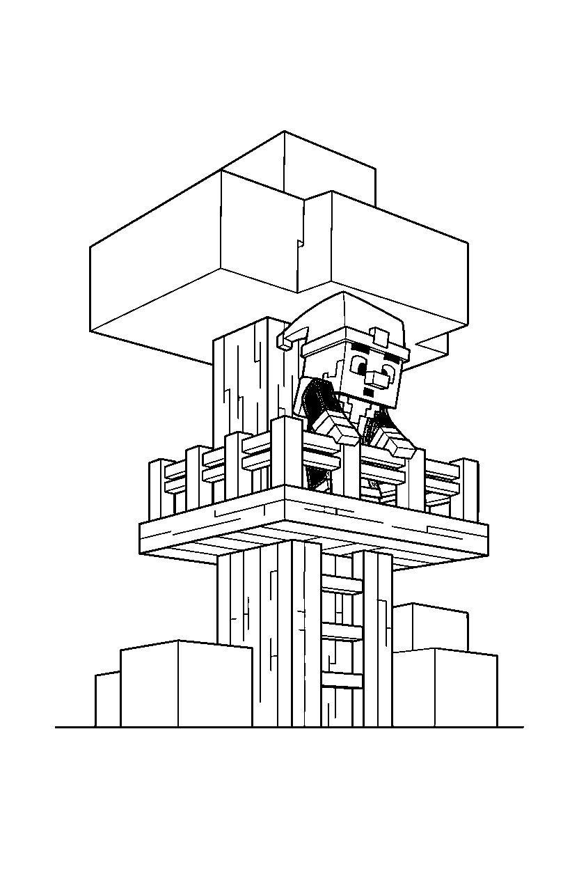 minecraft evoker looking around curiously in a treehouse base line art