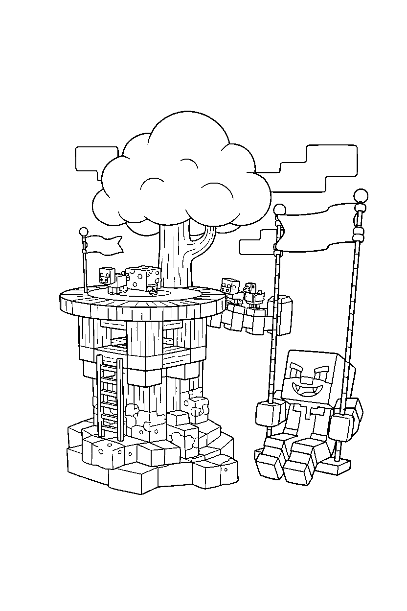 minecraft evoker playing happily in a treehouse base line art