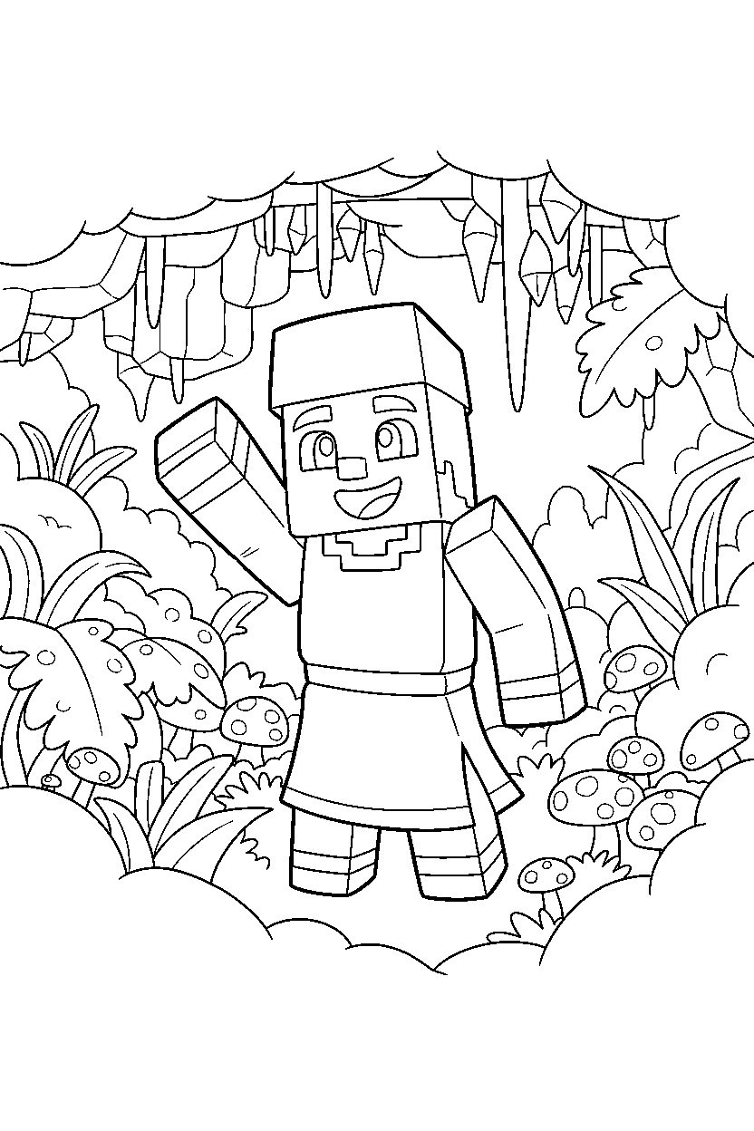minecraft evoker waving happily in a lush cave line art