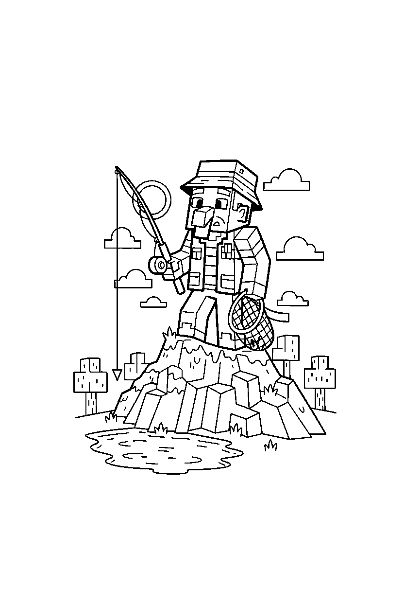 minecraft fisherman villager looking around on mountain line art